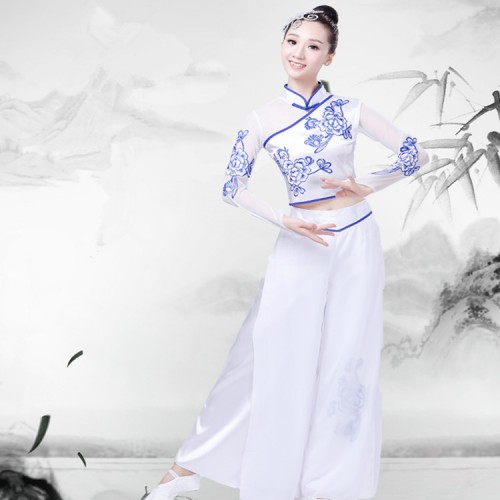 Women's china chinese folk dance costumes white and blue ancient traditional drama cosplay dancing dresses